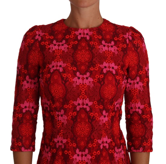 Dolce & Gabbana - Robe fourreau en dentelle crochetée florale rouge et rose pour femme - Image 4