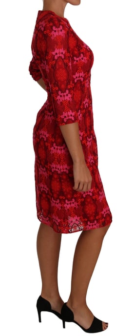 Dolce & Gabbana - Robe fourreau en dentelle crochetée florale rouge et rose pour femme - Image 5