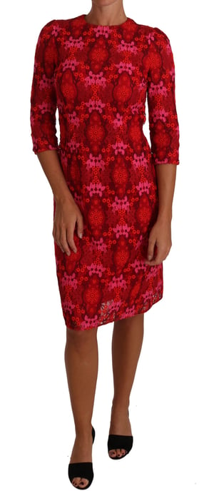 Dolce & Gabbana - Robe fourreau en dentelle crochetée florale rouge et rose pour femme - Image 1