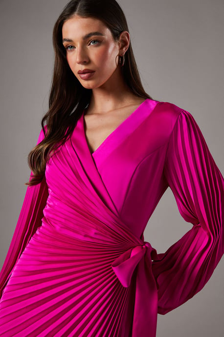 Satin Pleated Wrap Dress