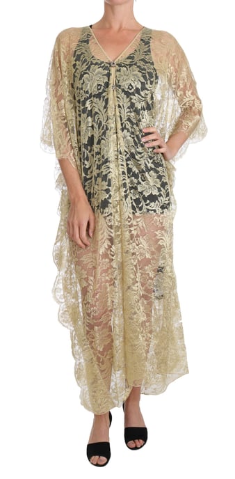 Dolce & Gabbana Women's Gold Floral Lace Crystal Gown Cape Dress - Image 1
