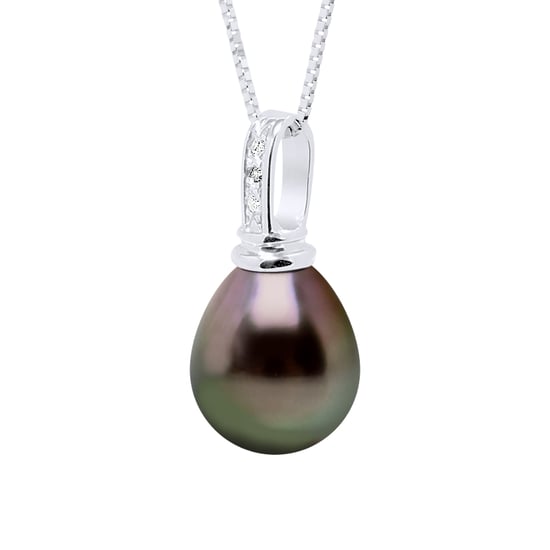 Pendant Prestige White Gold 375 & Diamond 0.03 Cts - Real Cultured Tahiti Pearl Pear 10-11 mm