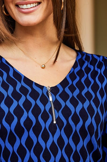 Blue Geometric Print Zip Neck Top