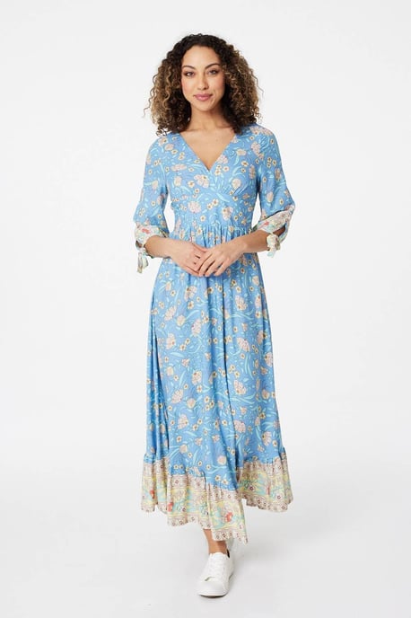 Blue Floral 3/4 Tie Sleeve Maxi Dress