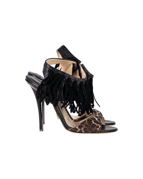 Jimmy Choo Leopardenmuster Fransen Sandalen aus schwarzem Leder - Image 1