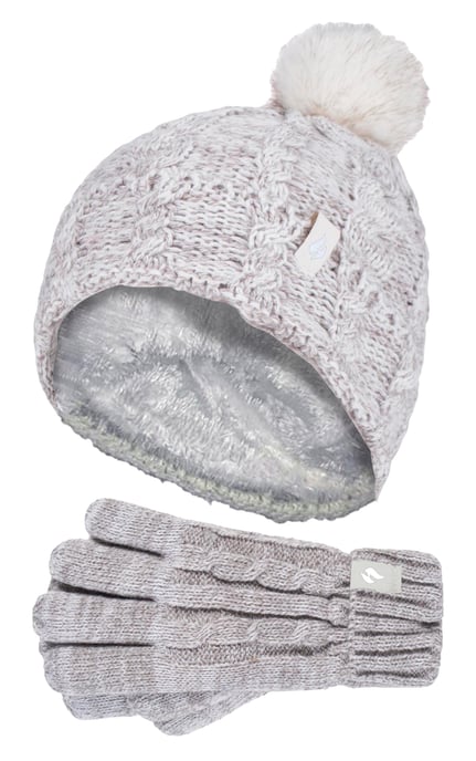 Wärmehalter - Set aus Bommelmütze und Handschuhen für Mädchen | Mütze mit umgeschlagener Manschette und Kabelstrickhandschuhe - Haferflocken-Twist - Image 1