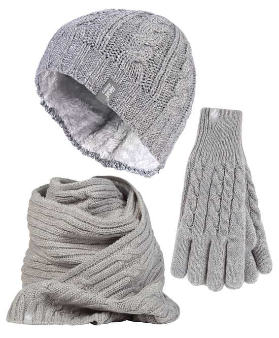 Damen-Set aus Strickmütze, Schal und Handschuhen | Wärmehalter | Mit Fleece gefüttertes Thermo-Set für kaltes Wetter für den Winter in Hellgrau - Image 1