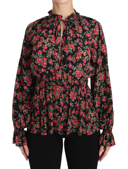 Dolce & Gabbana Schwarze Rose Print Blumenhemd Oberteil Bluse - Image 1