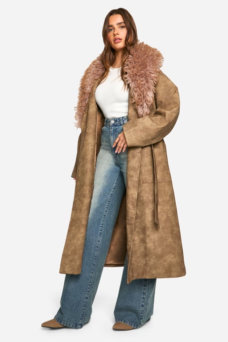 Faux Fur Collar Vintage Look Faux Leather Trench Coat