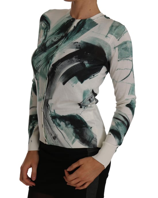 Dolce & Gabbana Women's White Silk Cardigan Lightweight Paint Stroke Sweater - Image 4