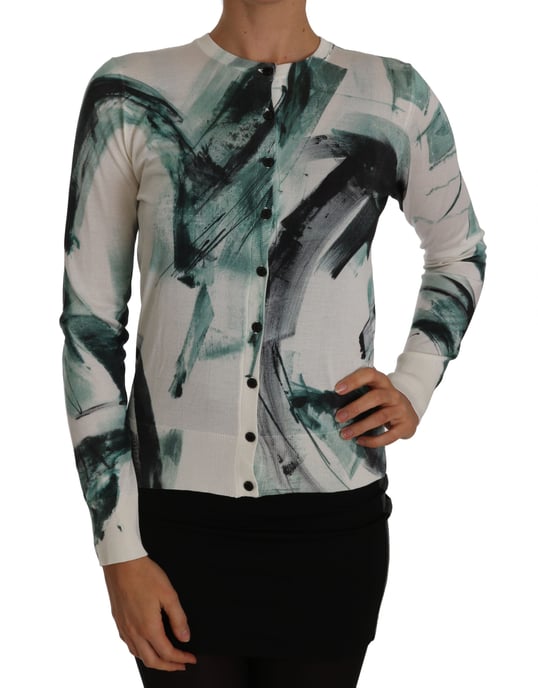 Dolce & Gabbana Women's White Silk Cardigan Lightweight Paint Stroke Sweater - Image 1