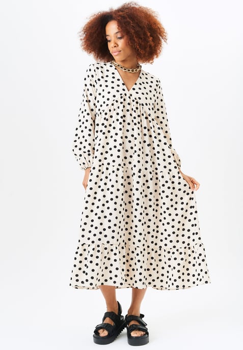 Cream Long Sleeve Tiered Midi Dress