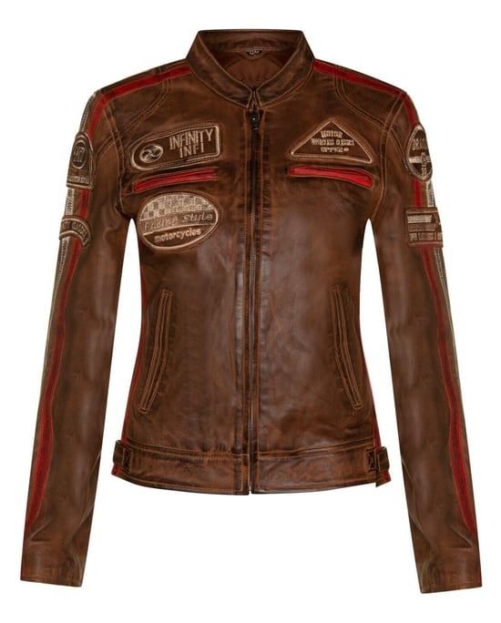Womens Leather Biker Racing Badges Jacket-Agadir