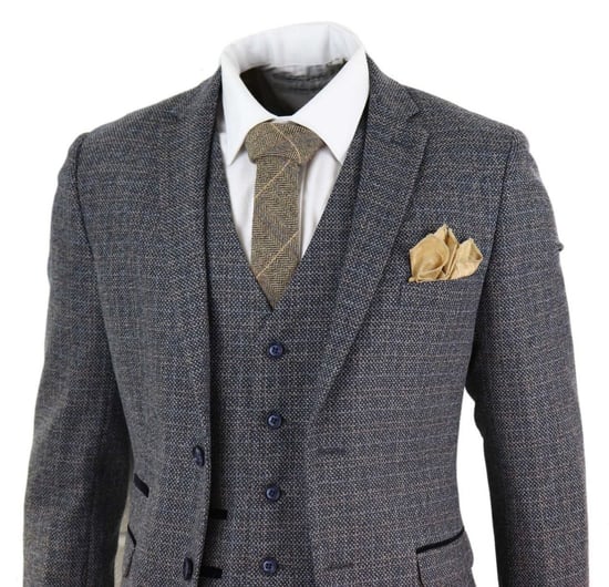 Herren 3-Teiliges Marineblaues Tweed-Karomuster Vintage Retro Anzug - Image 5