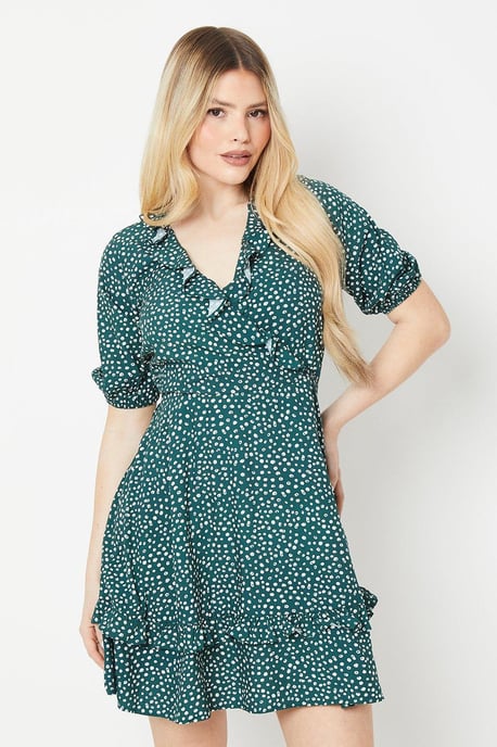 Green Spot Wrap Mini Dress - Image 1