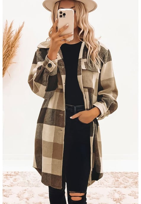 Damen-Shacket mit Karomuster und Button-Down-Muster in Khaki - Image 4