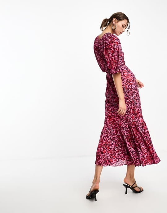 Whistles puff sleeve midi dress in pink leopard