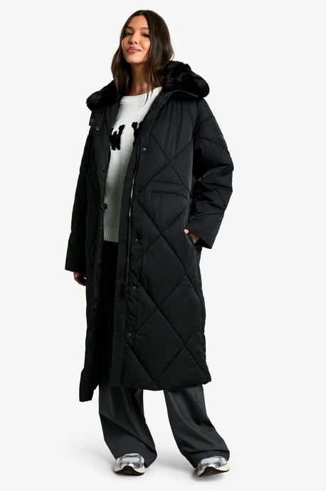 Premium Faux Fur Trim Quilted Maxi Parka - Image 1