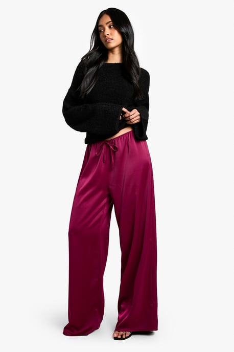 Satin Drawstring Waist Wide Leg Trousers