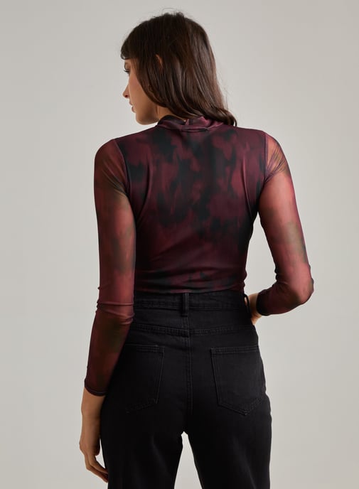 Smudge Print Long Sleeve Mesh Bodysuit