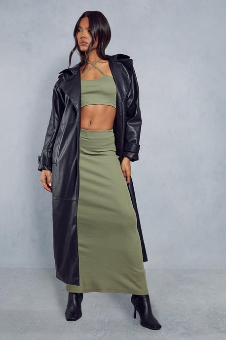 Rib Tie Neck Top & Maxi Skirt Co-ord