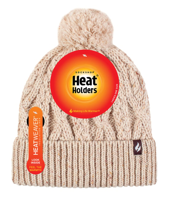 Damen Pom Pom Bommelmütze | Wärmehalter | Modische Chunky Warm Cable Knit Beanie mit Heatweaver Fleece Futter | Salzburg Style - Natural - Image 2