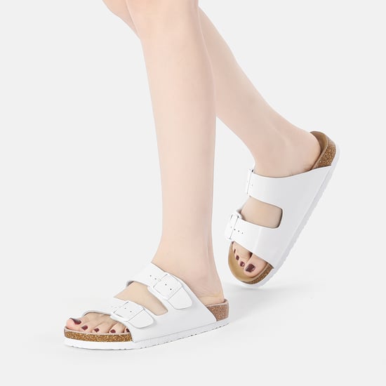 EVER AU Women Mallard Leather Twin Buckle Sandals - White Leather