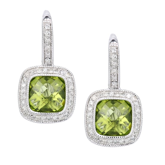 Boucles d'Oreilles Créoles Carrées Diamants et Péridot Or Blanc 9 Carats - Image 1