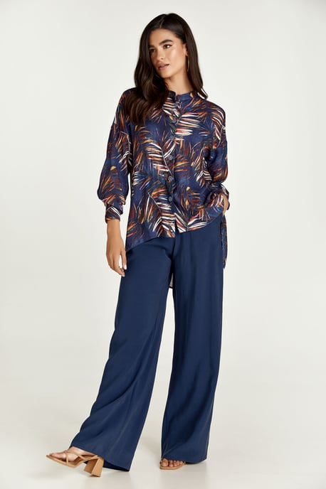 Leaf Print Blouse with Mandarin Collar