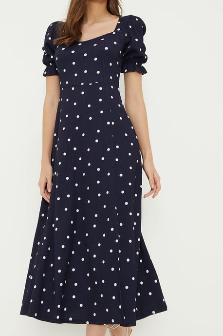 Navy Spot Sweetheart Neckline Midi Dress