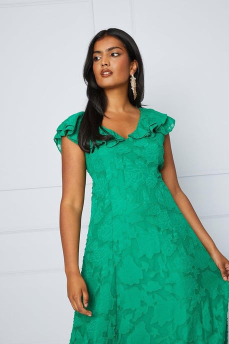 Jacquard Ruffle Sleeve Midi Dress