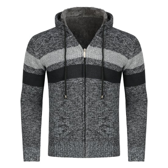 Men's Winter Transition Cardigan with Hood Lined Chunky Knit Hooded Warm Jacket Dark Grey
