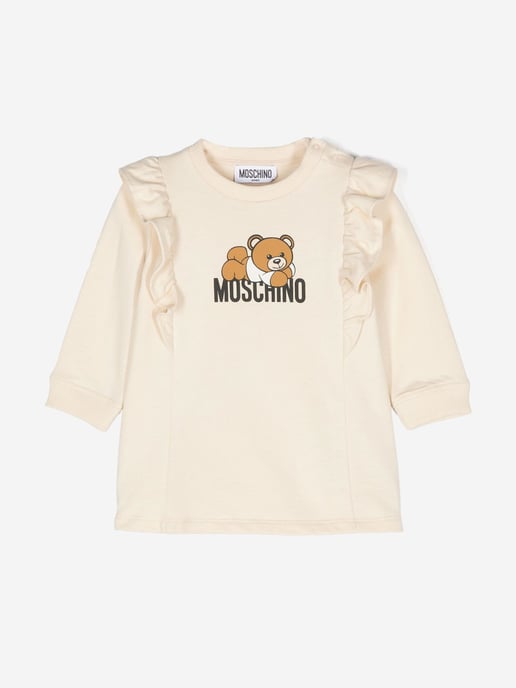 Moschino Baby Girls Bear Logo Dress With Gift Box in Beige