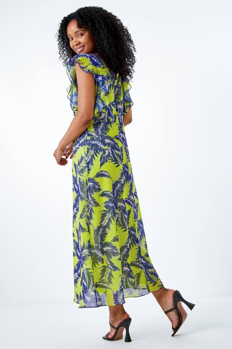 Petite Tropical Print Frill Sleeve Midi Dress