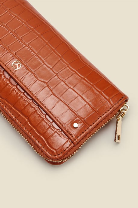 Tan Croc Leather Purse With Coin Pouch