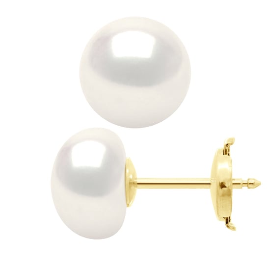 Earrings - Yellow Gold - Real Cultured Freshwater Pearls Button 9-10 mm