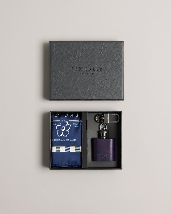 Ted Baker Dumfree House Check Pocket Square And Hip Flask Set, Dark Blue