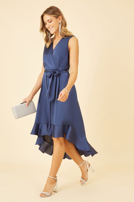 Mela Navy Satin Dipped Hem Wrap Over Midi Dress