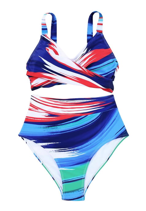 Damen-Bikini-Badeanzug mit abstraktem Print und hoher Taille, mehrfarbig - Image 3