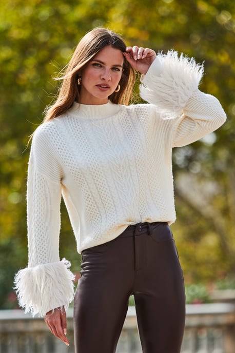 Cream Cable High Neck Faux Fur Cuff Jumper