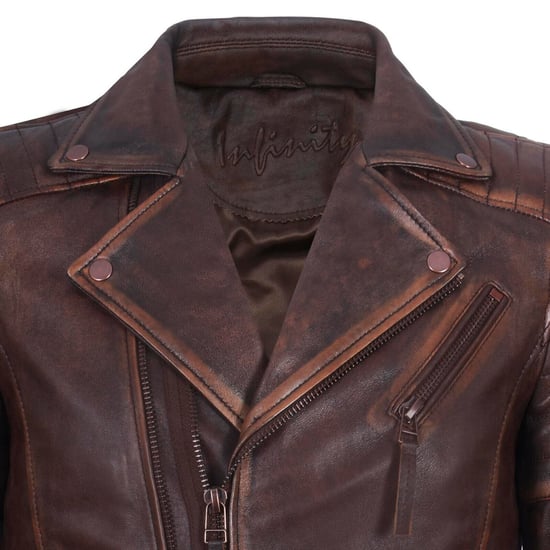 Brando-style slim-fit leather biker jacket with cross zipper