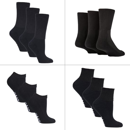 12 Paar Pack Diabetiker Socken ganzjährig Bundle Set | IOMI | Extra breite Socken für geschwollene Knöchel, Beine & Füße | Crew Ankle Trainer Diabetiker Socken in Baumwolle & Bambus - Schwarz - Image 1