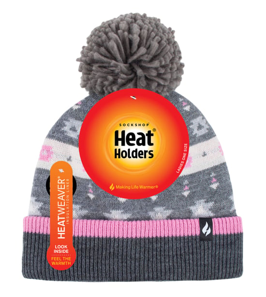 Heat Holders - Ladies Warm Knit Fleece gefüttert Winter Warme Mütze mit Pom Pom - Pink / Grau - Image 2