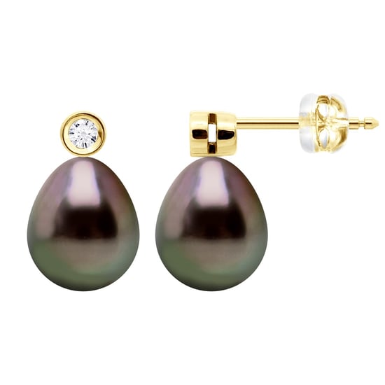 Ohrringe Prestige – Diamanten 0,02 ct – Gelbgold – echte Tahiti-Zuchtperlen, Birne 9–10 mm - Image 1