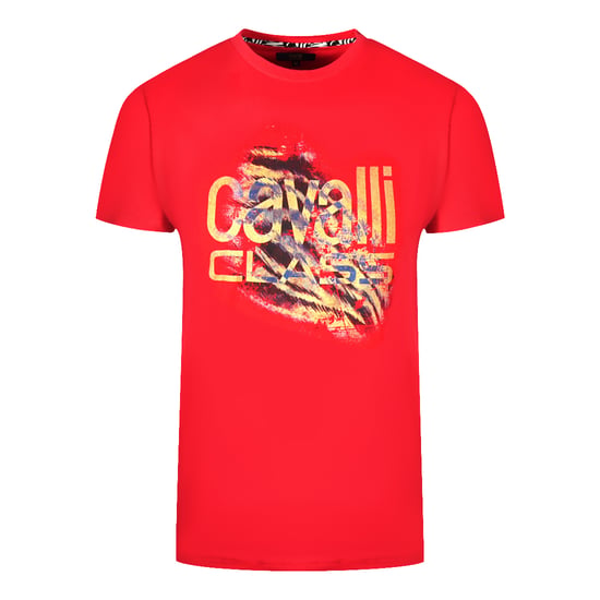 Cavalli Class Geschnittenes Tiger-Print Fett-Logo Rotes T-Shirt - Image 1