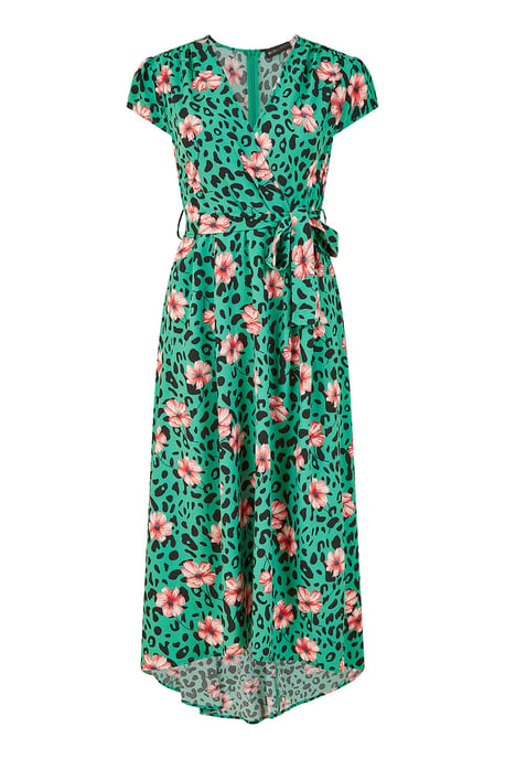 Mela Green Animal Print Dipped Hem Wrap Dress