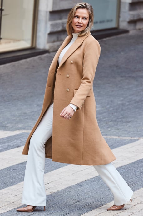Camel Double Breasted Longline Coat With Gold Button Detail