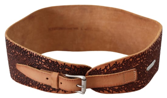 Scervino Street Women's Brown Wide Leather Embroidered Design Logo Belt