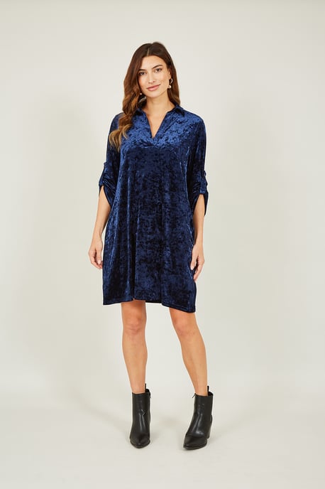 Navy Velvet Tunic Dress With 3/4 Sleeves