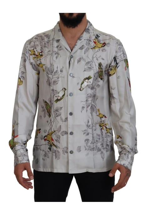 Dolce & Gabbana Herren Hemd aus weißem Seiden-Satin mit Vogelprint - Image 1